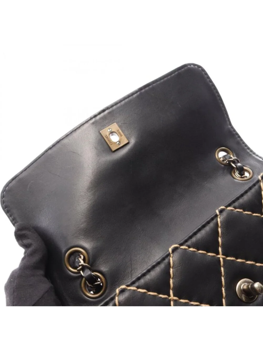 Chanel Shoulder Bag Wild Stitch Black Beige Lambskin Chain